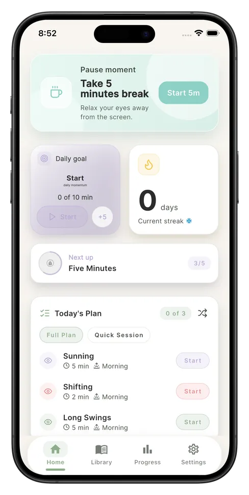 Sighta app home screen showing daily routine and streak tracker
